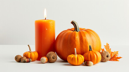 Pumpkins for Halloween burning candle and acorns