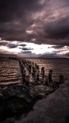Fototapeta premium Sunset at Braun and Blanchard Dock in Puerto Natales, Patagonia, Chile, Magallanes Region