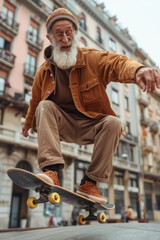 An elderly man with a beard showcases his skills on a skateboard, exuding coolness and joy in a downtown setting.