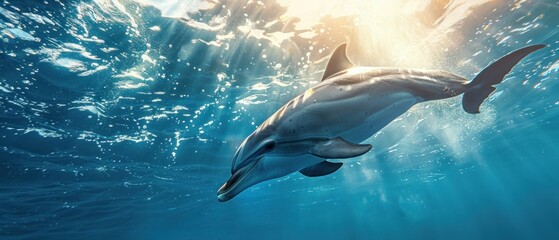Fototapeta premium A graceful dolphin leaps from the depths, surrounded by shimmering blue hues, conveying customer satisfaction in simplicity.