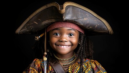 Happy African girl as pirate with hat and sword 