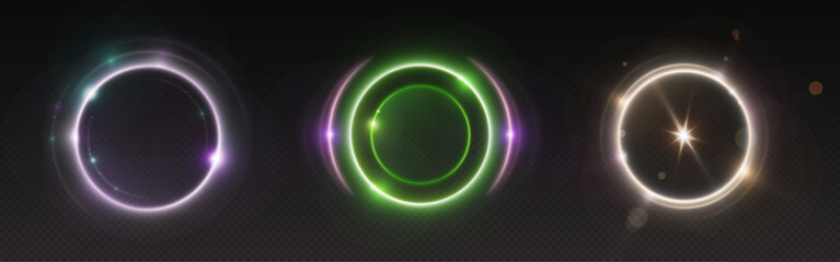 Circle light ring. Halo neon glow effect vector. Flare shine portal with magic energy in purple and green color. Space ball round frame. Radial orb design. Planet sparkle with lens on edge graphic