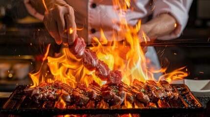 A chef flipping marinated pork neck slices on a flaming grill, creating irresistible grill marks and aroma.