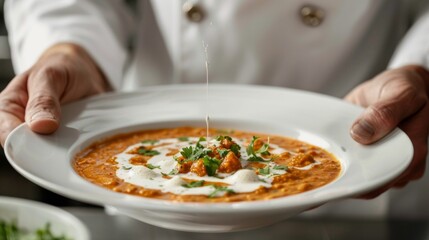 A chef garnishing a bowl of creamy dal makhani with a drizzle of fresh cream and a sprinkle of chopped cilantro.