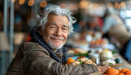 Happy homeless white silver haired old man - obrazy, fototapety, plakaty