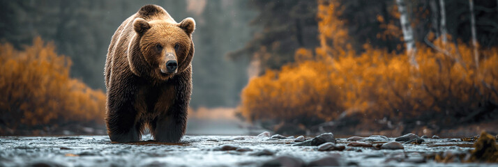large brown bear on water of forest river. Panoramic wide wild nature landscape