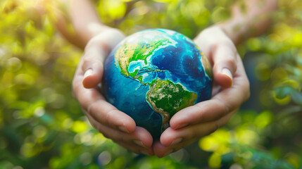 Globe in human hands on nature background. save the earth concept. AI.