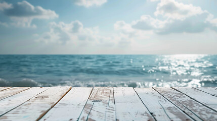 Wooden table on the background of the sea and the sky. AI.