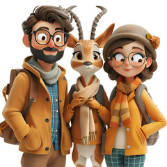 A 3D animated cartoon render of confused tourists seeking guidance from a gazelle.