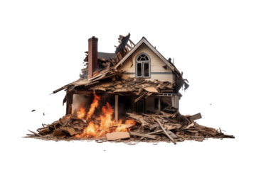 Ruins of house with extensive damage, surrounded by debris, isolated on a transparent background. Generative AI