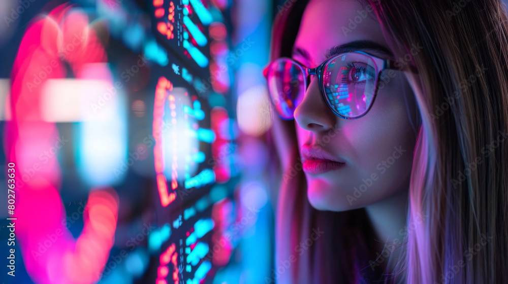 Aufkleber a female programmer with glasses and long straight hair focusing on source code displayed on a scree