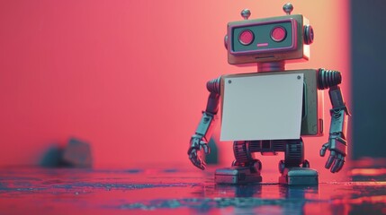 Fototapeta premium Robot holds a white sign with space pink background