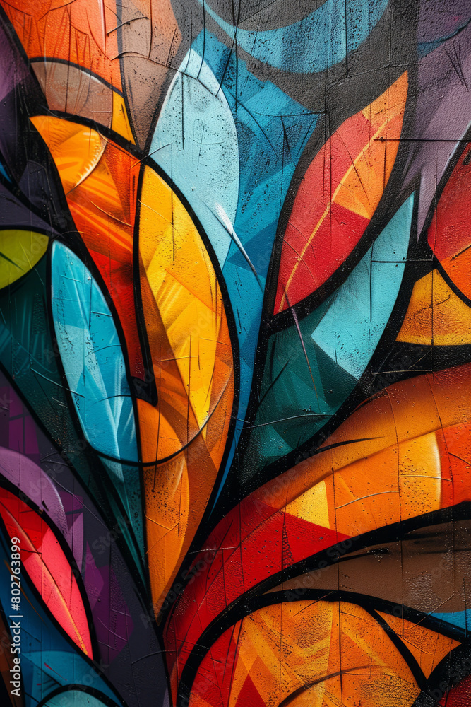 Poster detailed graffiti artwork with dynamic and bold elements, showcasing intricate shapes and lines in a