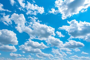 A clear blue sky with fluffy white clouds.
