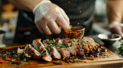 A chef plating up grilled pork neck slices with dipping sauce and fresh herbs, presenting a mouthwatering dish.