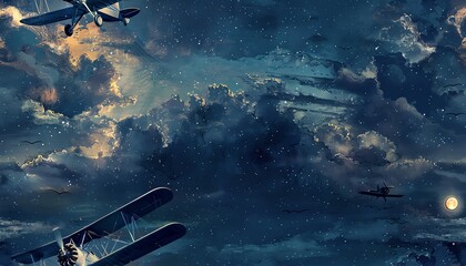 Capture the intricate beauty of vintage biplanes in moonlit skies, showcasing their graceful forms against a starry backdrop, evoking nostalgia with a touch of mystery