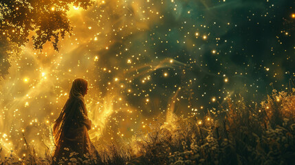 Fototapeta premium Solitary figure stands amidst a mystical forest aglow with golden sparkling lights, evoking a sense of wonder and magical serenity