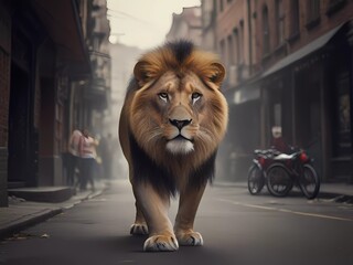 lion in street | lion on city street | lion walking down street | lion on pavement | lion near buildings | lion in urban setting | wild animal in city | escaped lion | city under siege | danger zone