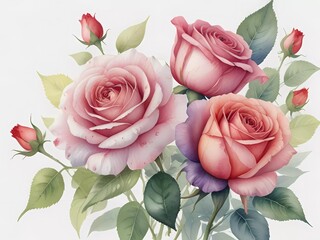 bouquet of pink roses single rose illustration, floral watercolor background, watercolor floral element, romantic watercolor flower, greeting card design, wedding invitation design,