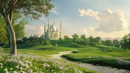 Obraz premium A serene Eid Al Adha background with a peaceful countryside setting and a mosque. 