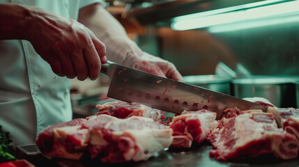cutting meat with knife in cooking center hotal high geine 
