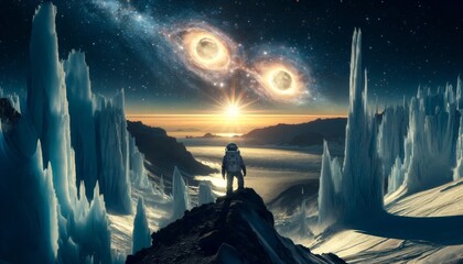 An astronaut standing on a high ridge of a distant planet, overlooking a dramatic landscape with ice spires reaching towards the sky.