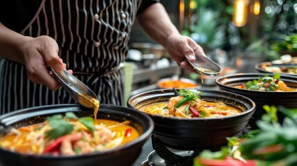 A chef serving bowls of Tom Yum Goong soup with a flourish, presenting the iconic Thai dish with pride and culinary skill.