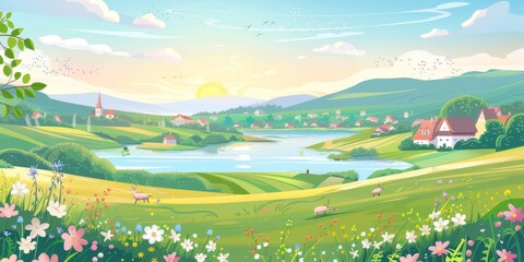 Naklejka premium beautiful rural lake view with green meadows and flowers blooming in summer or spring, cartoon illustration