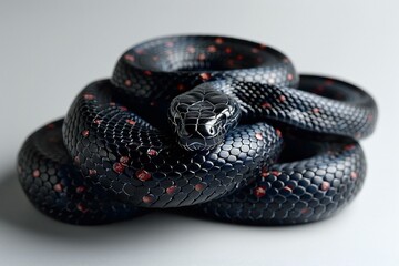 Black snake on white background, close-up, macro, selective focus