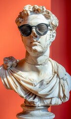 greek statue with glasses funky pose, in the cyan and magenta style of contemporary art, red pink background.