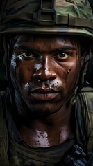 Obraz premium Soldier portrait with green camouflage and jungle color hues