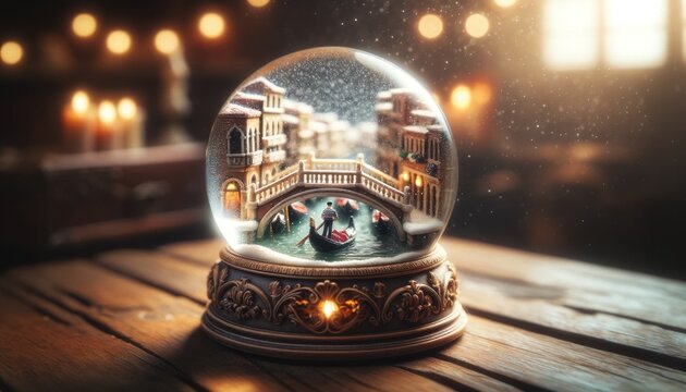 A snow globe on an antique wooden desk with a meticulously detailed miniature Venice canal scene inside.
