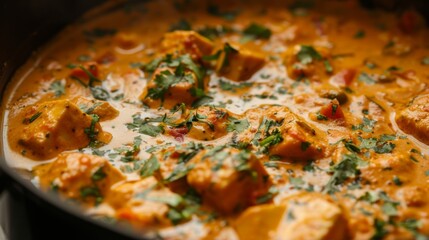 A close-up of a bubbling pot of creamy paneer tikka masala, the vibrant colors and rich textures inviting a taste.