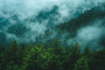 Foggy mountain landscape with coniferous forest in the morning