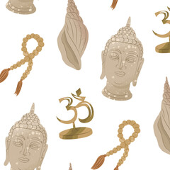 Endless pattern with buddha head image. Background for religious holidays, yoga studios. Vector illustration.