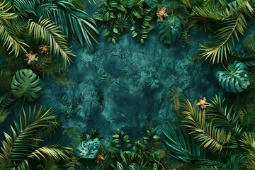 Fototapeta na wymiar Creative layout made of tropical leaves on turquoise background, Flat lay, top view, copy space