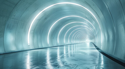 An empty, modern underground tunnel with curved, smooth walls and soft ambient lighting.