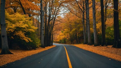 Obraz premium Autumn Trees Along a Driveway Beautiful Green Forest Meets Road, Scenic Autumn Drive Beautiful Trees and Green Forest Along Asphalt Road, Green Forest and Autumn Trees A Beautiful Scene Along an Aspha