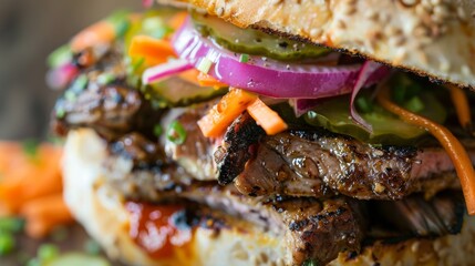 A close-up of a grilled pork neck sandwich with pickled vegetables and spicy mayo, bursting with flavor.