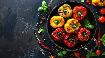 Roasted bell peppers with spices in pan on dark table