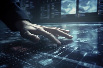 a hand on a digital tablet with a digital display in the background.