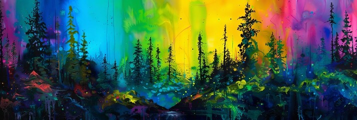 a colorful painting of plants and trees