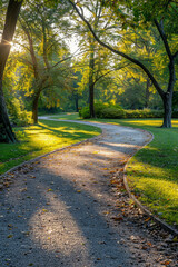 A lonely path winding through a deserted public park in the morning, with sunlight creating long shadows, captured from a low angle.