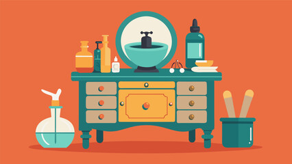 A vintage vanity table transformed into a charming apothecary corner complete with a collection of antique apothecary bottles a ceramic mortar and.