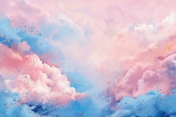 Sky background with clouds and golden confetti,   illustration