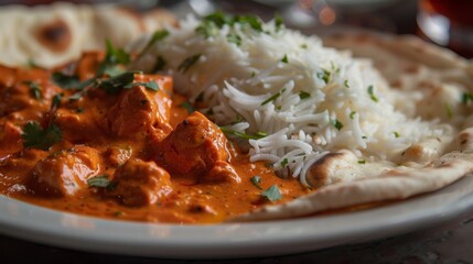 A close-up of a mouthwatering plate of aromatic chicken tikka masala, served with fluffy basmati rice and warm naan bread.