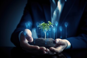a man holds a plant in his hands.