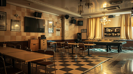 Room prepared for chess tournament in club - obrazy, fototapety, plakaty