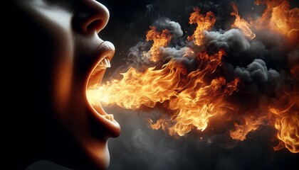 An open mouth spewing flames and smoke in a close-up, capturing the intensity of fire.