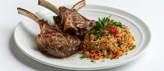 Lamb loin chops served with traditional pilaf on a white plate, isolated on a white background in a side view.
